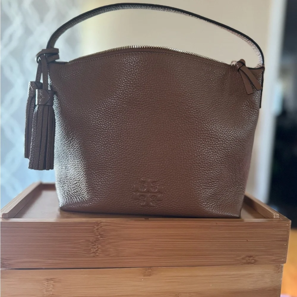 Tory Burch Brown Pebbled Leather Hobo Satchel with Tassel